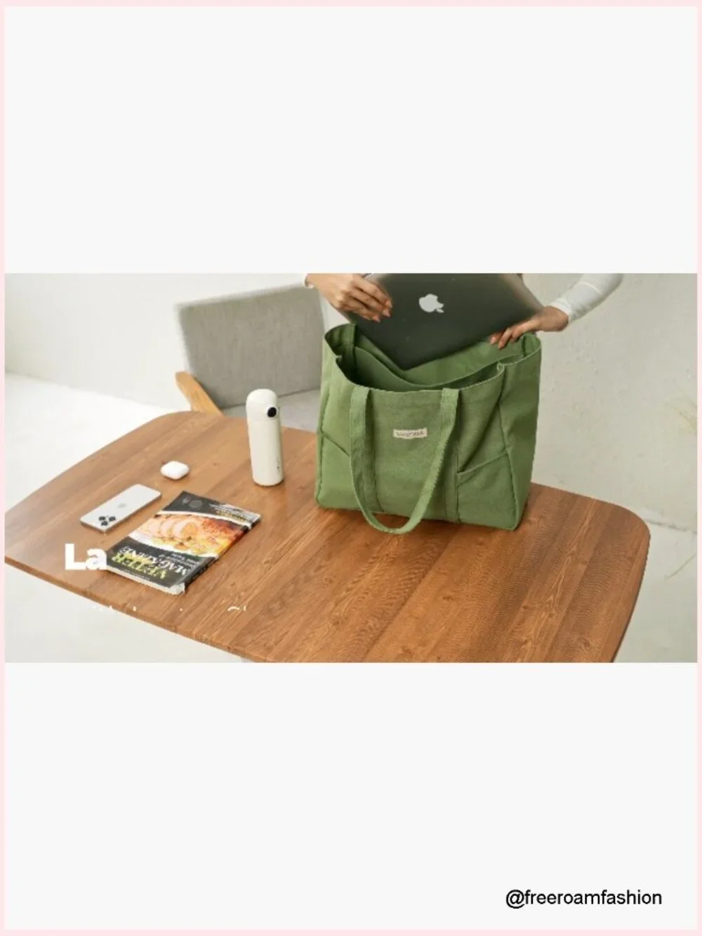 Large Canvas Tote Bag with Laptop Sleeve and Pockets